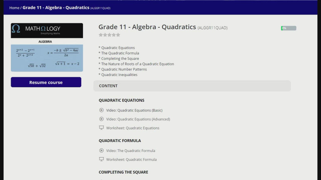 Grade 11 - Algebra - Quadratics - Online Course 